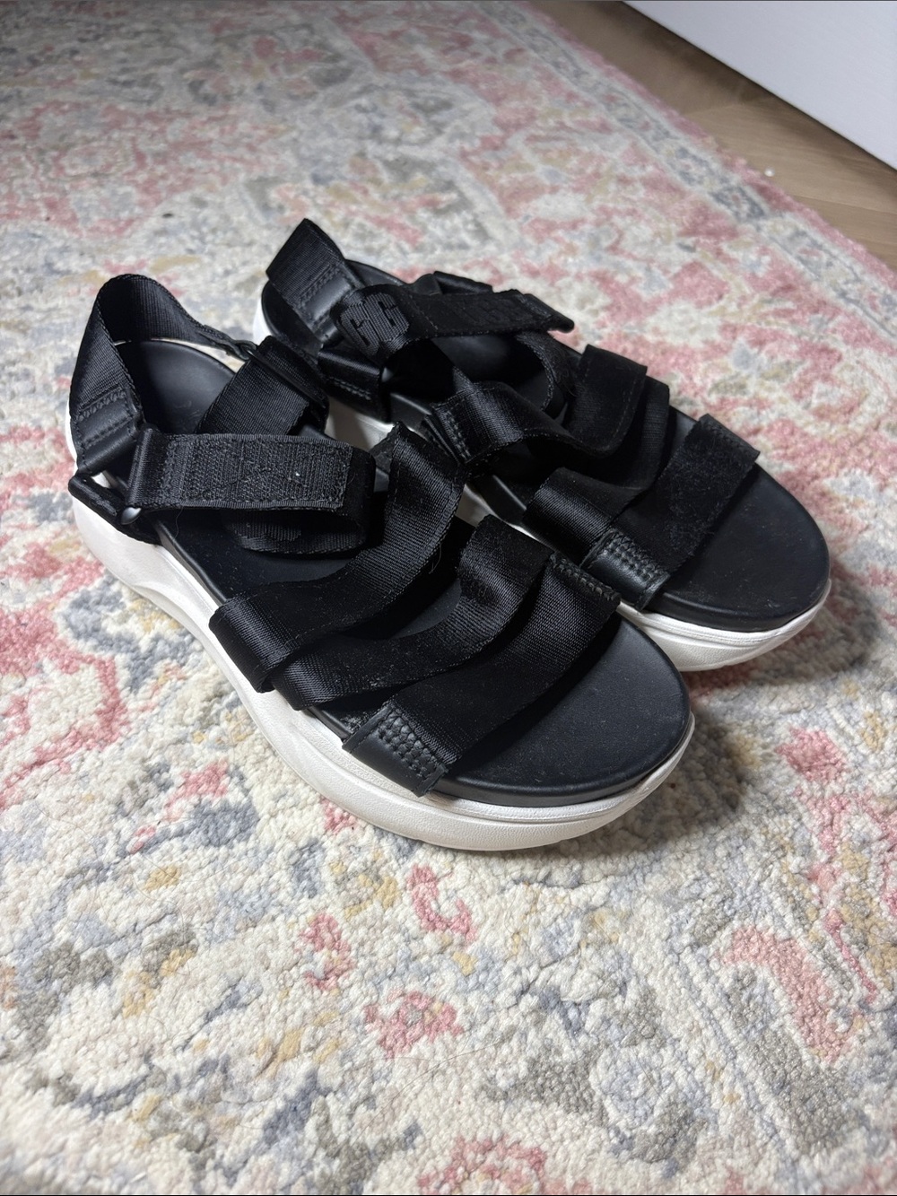 UGG Black Strappy Womens Sandals with White Platform Sole